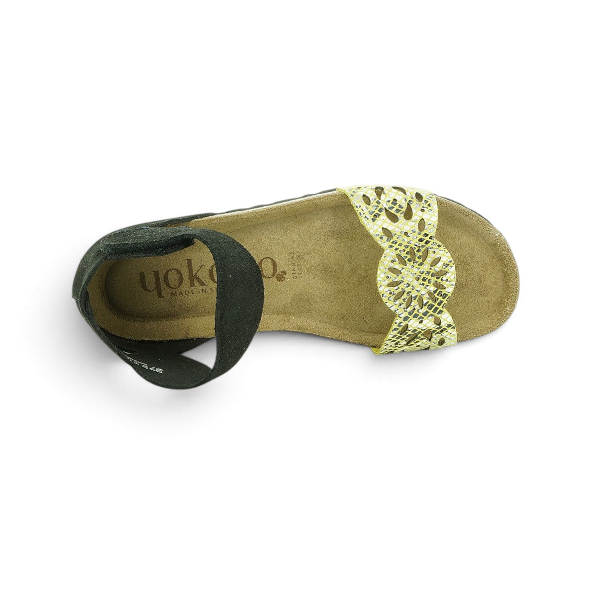 Yokono Gold Laser-Cut & Black Nubuck Two-Tone Cork Flat Sandal | VILLA-086