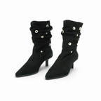 Wonders black suede multi-strap kitten heel ankle boot, fully visible on a white background