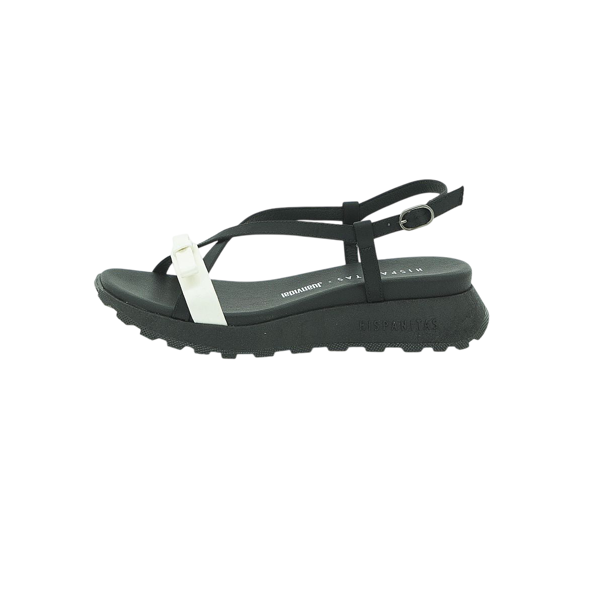 Hispanitas Black & White Leather Cross-Strap Lug Sole Flat Sandal | HV264832