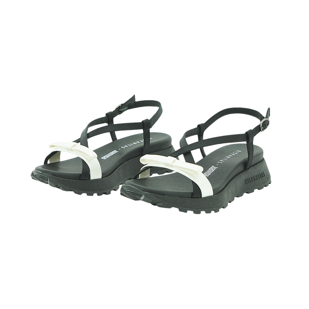 Hispanitas Black & White Leather Cross-Strap Lug Sole Flat Sandal | HV264832